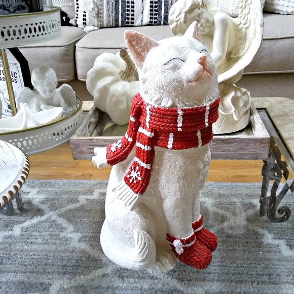 NEW! SHIMMERY Glitter WINTER CAT W/ SCARF DECOR STATUE - Picture 1 of 5